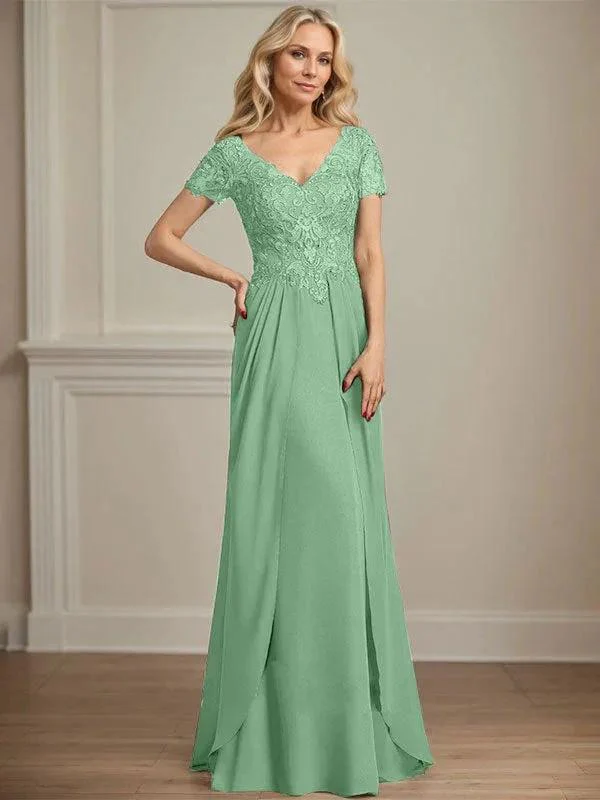 A-line V-Neck Floor-Length Chiffon Lace Mother of the Bride Dress - Image 41