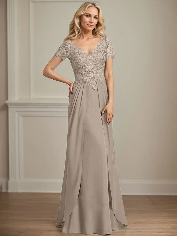 A-line V-Neck Floor-Length Chiffon Lace Mother of the Bride Dress - Image 42