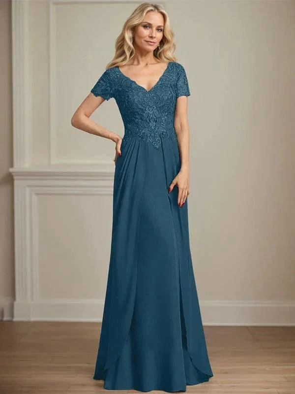 A-line V-Neck Floor-Length Chiffon Lace Mother of the Bride Dress - Image 43