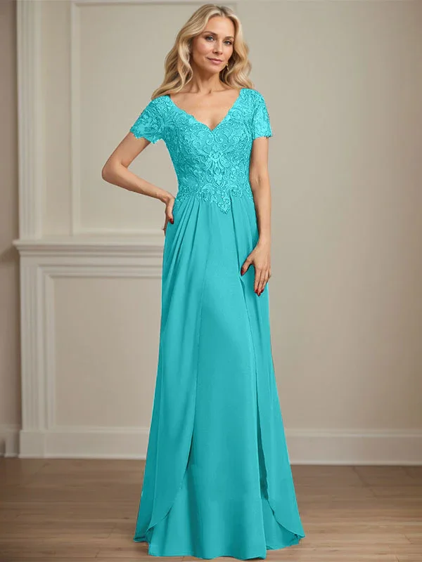 A-line V-Neck Floor-Length Chiffon Lace Mother of the Bride Dress - Image 44
