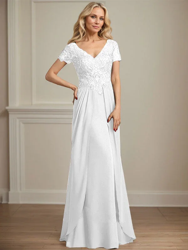 A-line V-Neck Floor-Length Chiffon Lace Mother of the Bride Dress - Image 45