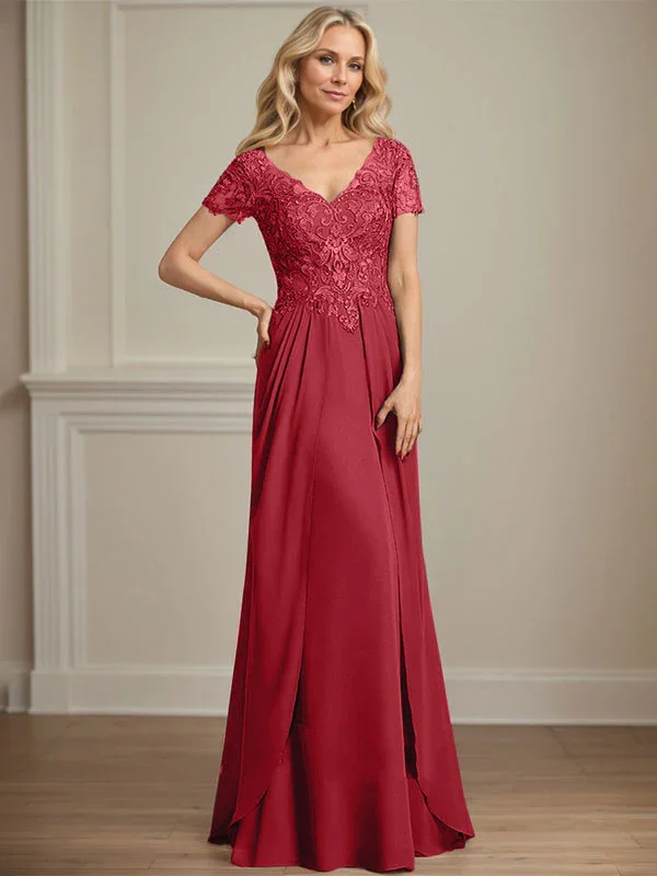 A-line V-Neck Floor-Length Chiffon Lace Mother of the Bride Dress - Image 46
