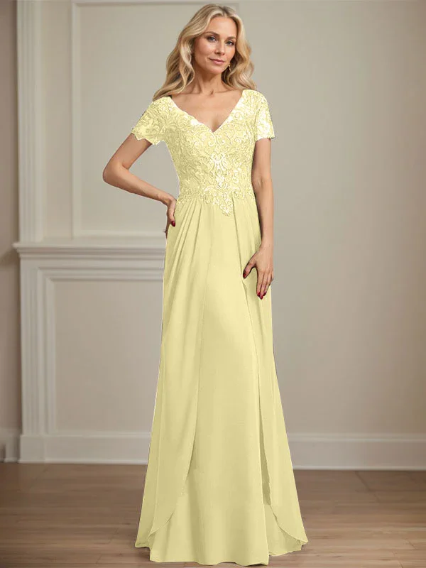 A-line V-Neck Floor-Length Chiffon Lace Mother of the Bride Dress - Image 47