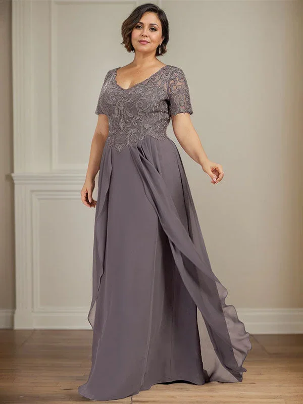 A-line V-Neck Floor-Length Chiffon Lace Mother of the Bride Dress - Image 9