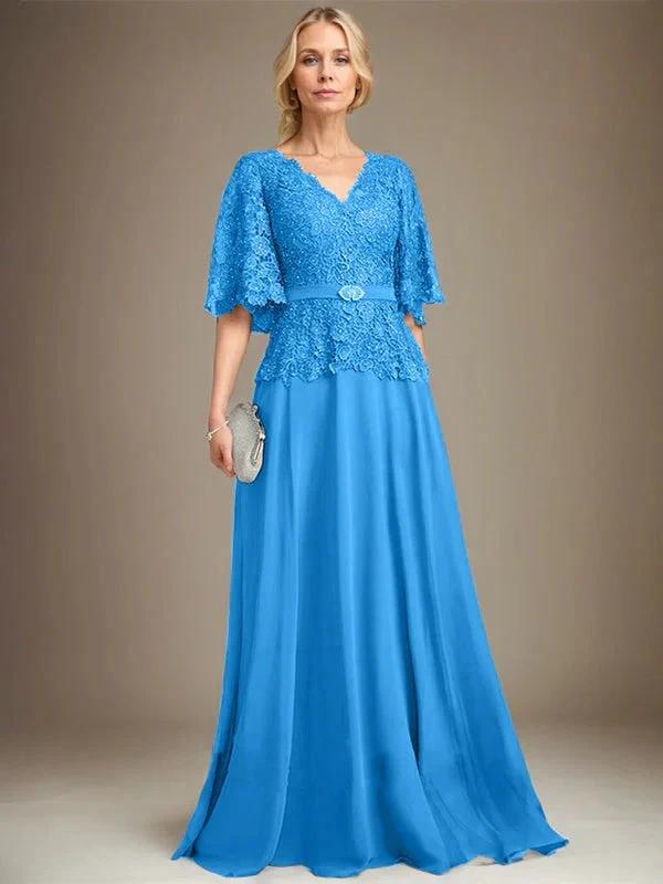 A-line V-Neck Floor-Length Chiffon Lace Mother of the Bride Dress With Crystal Brooch Rhinestone - Image 10