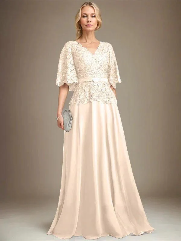 A-line V-Neck Floor-Length Chiffon Lace Mother of the Bride Dress With Crystal Brooch Rhinestone - Image 11
