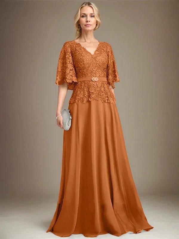 A-line V-Neck Floor-Length Chiffon Lace Mother of the Bride Dress With Crystal Brooch Rhinestone - Image 12