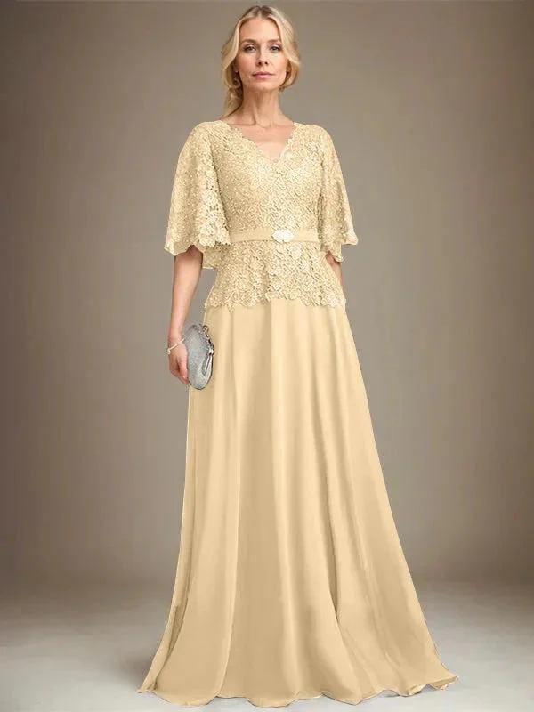 A-line V-Neck Floor-Length Chiffon Lace Mother of the Bride Dress With Crystal Brooch Rhinestone - Image 13