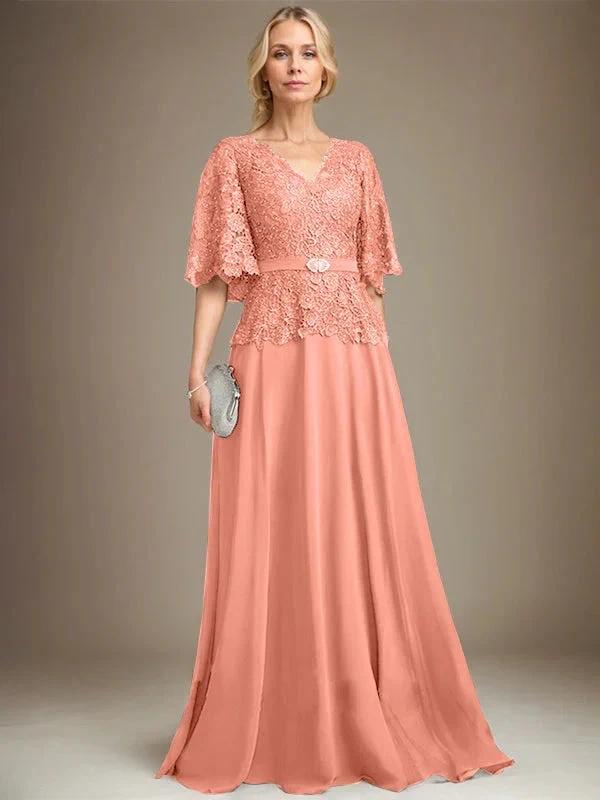 A-line V-Neck Floor-Length Chiffon Lace Mother of the Bride Dress With Crystal Brooch Rhinestone - Image 14
