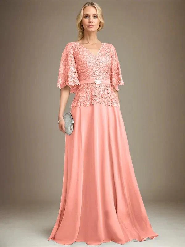 A-line V-Neck Floor-Length Chiffon Lace Mother of the Bride Dress With Crystal Brooch Rhinestone - Image 15