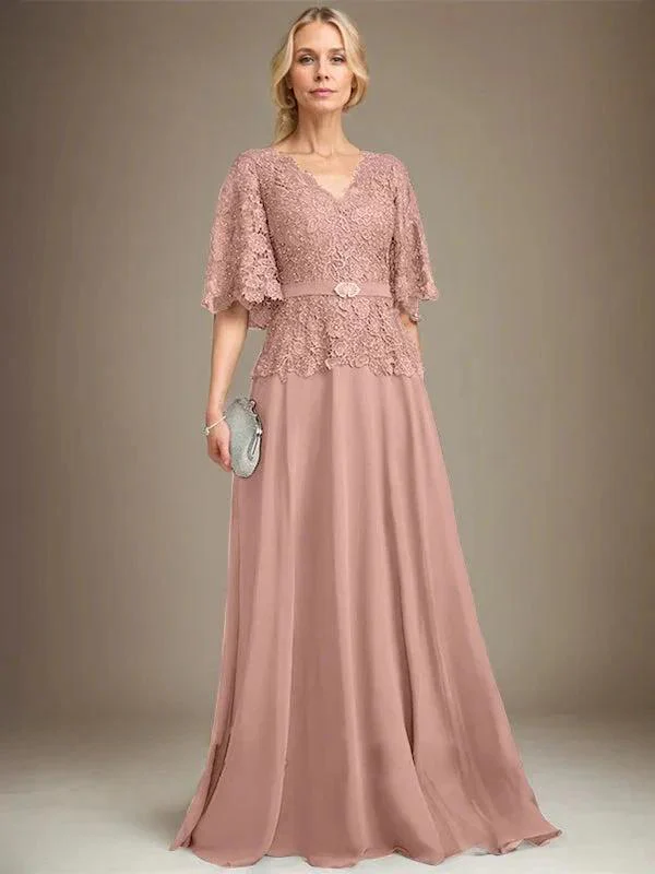 A-line V-Neck Floor-Length Chiffon Lace Mother of the Bride Dress With Crystal Brooch Rhinestone - Image 16