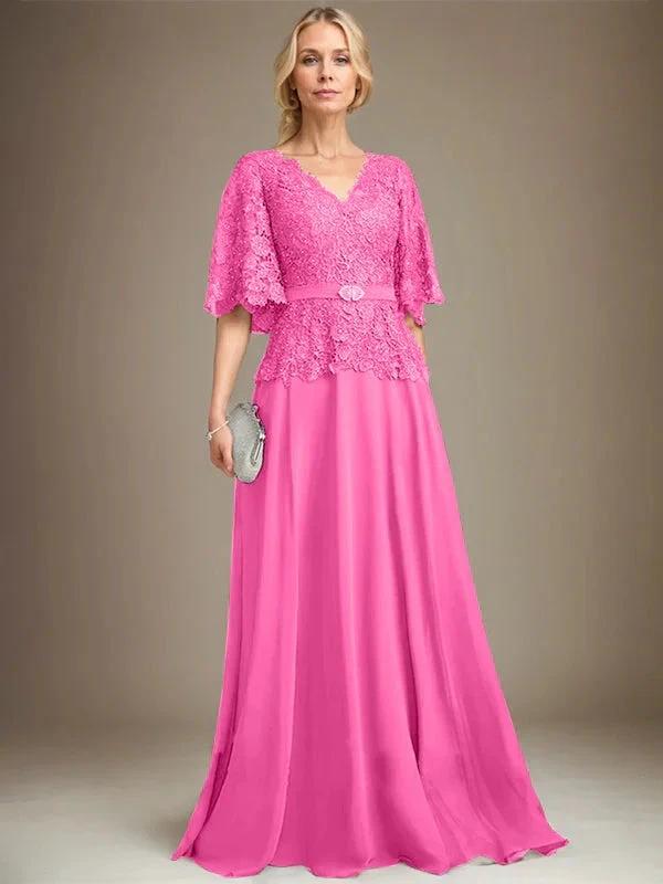 A-line V-Neck Floor-Length Chiffon Lace Mother of the Bride Dress With Crystal Brooch Rhinestone - Image 17