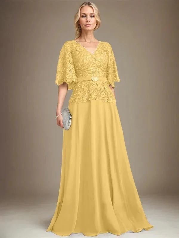 A-line V-Neck Floor-Length Chiffon Lace Mother of the Bride Dress With Crystal Brooch Rhinestone - Image 18