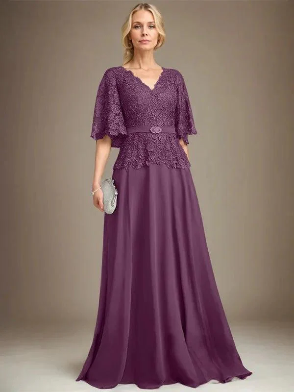A-line V-Neck Floor-Length Chiffon Lace Mother of the Bride Dress With Crystal Brooch Rhinestone - Image 19