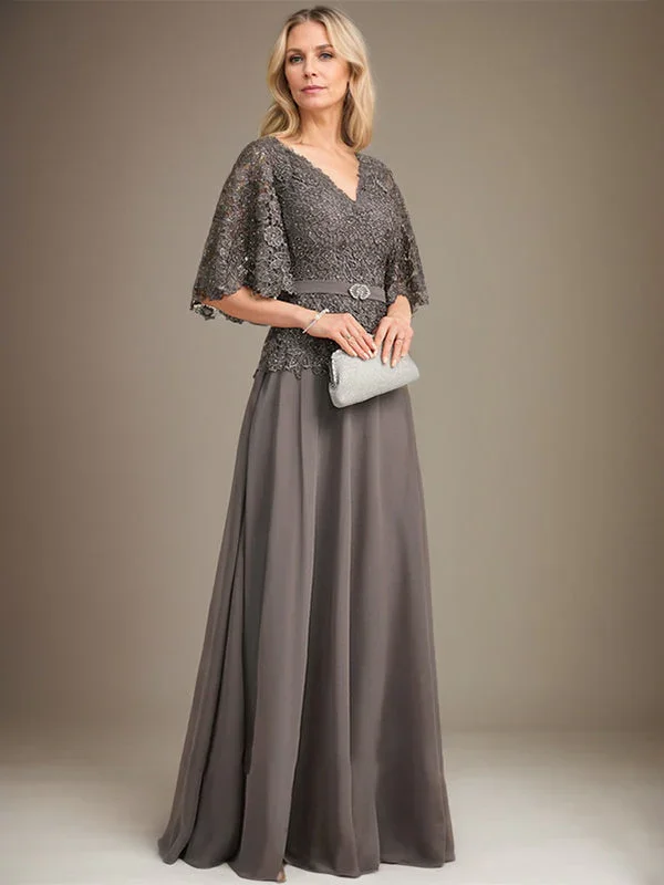 A-line V-Neck Floor-Length Chiffon Lace Mother of the Bride Dress With Crystal Brooch Rhinestone - Image 2