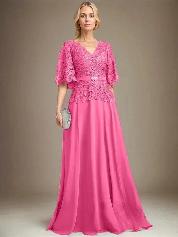 A-line V-Neck Floor-Length Chiffon Lace Mother of the Bride Dress With Crystal Brooch Rhinestone - Image 20