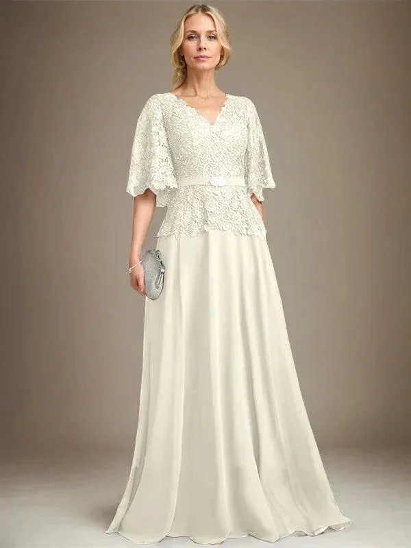 A-line V-Neck Floor-Length Chiffon Lace Mother of the Bride Dress With Crystal Brooch Rhinestone - Image 21
