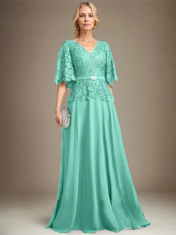A-line V-Neck Floor-Length Chiffon Lace Mother of the Bride Dress With Crystal Brooch Rhinestone - Image 22