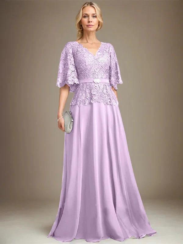 A-line V-Neck Floor-Length Chiffon Lace Mother of the Bride Dress With Crystal Brooch Rhinestone - Image 23