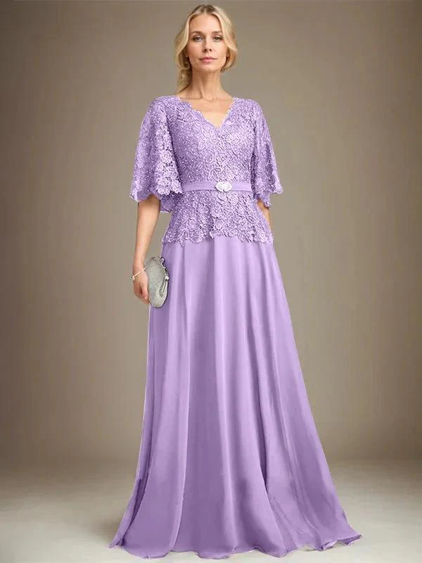 A-line V-Neck Floor-Length Chiffon Lace Mother of the Bride Dress With Crystal Brooch Rhinestone - Image 24