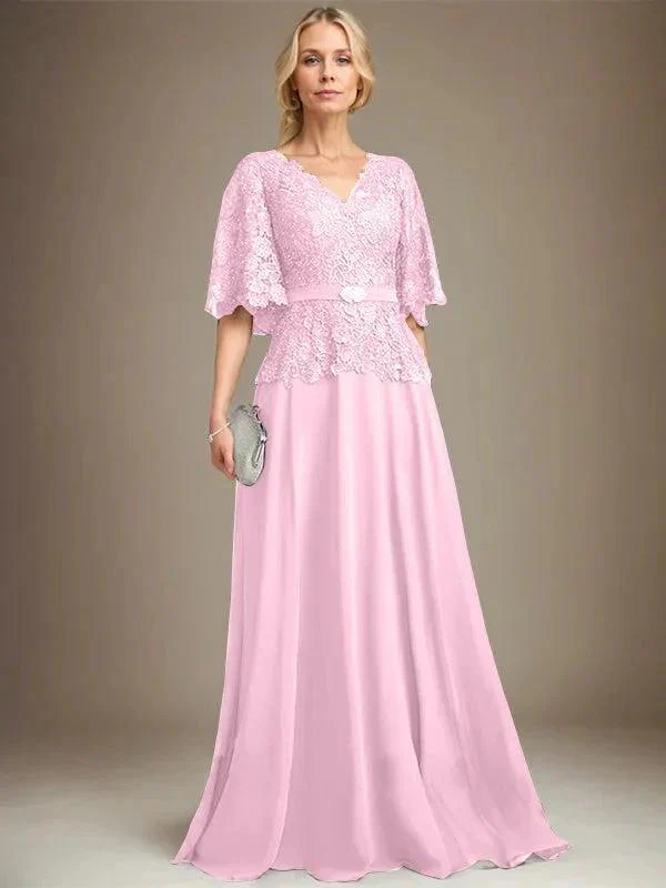 A-line V-Neck Floor-Length Chiffon Lace Mother of the Bride Dress With Crystal Brooch Rhinestone - Image 25