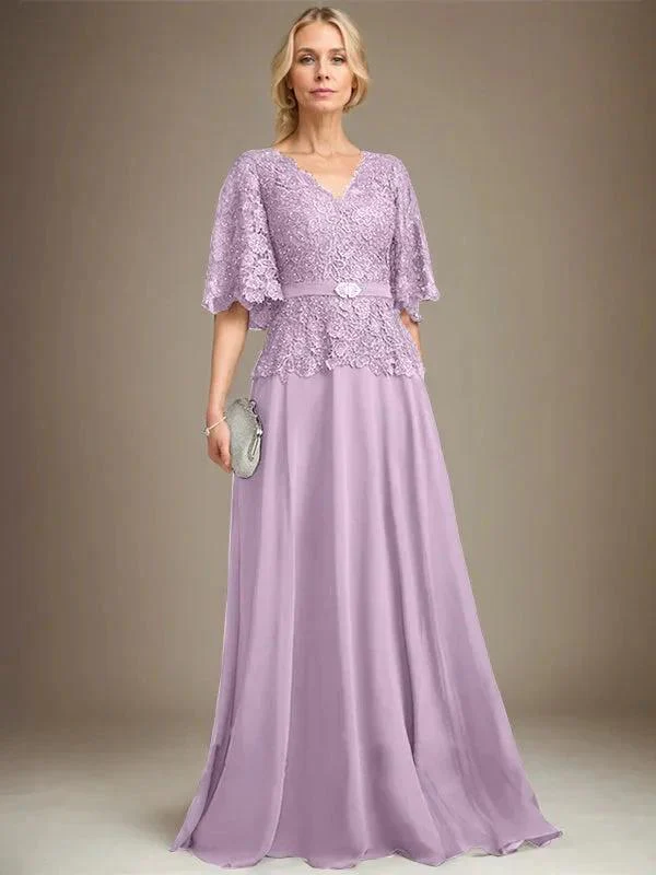 A-line V-Neck Floor-Length Chiffon Lace Mother of the Bride Dress With Crystal Brooch Rhinestone - Image 26