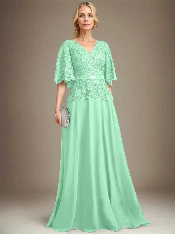 A-line V-Neck Floor-Length Chiffon Lace Mother of the Bride Dress With Crystal Brooch Rhinestone - Image 27