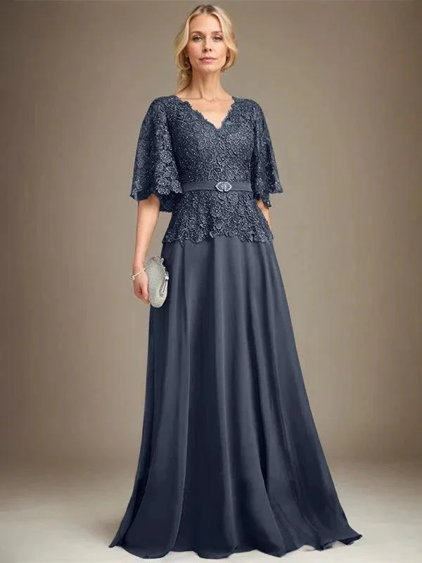 A-line V-Neck Floor-Length Chiffon Lace Mother of the Bride Dress With Crystal Brooch Rhinestone - Image 28