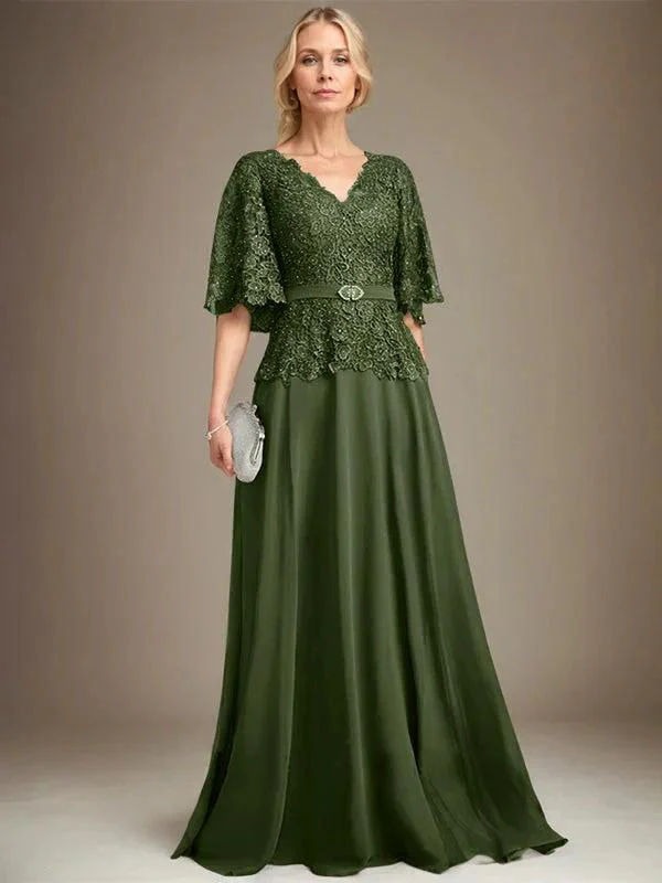A-line V-Neck Floor-Length Chiffon Lace Mother of the Bride Dress With Crystal Brooch Rhinestone - Image 29
