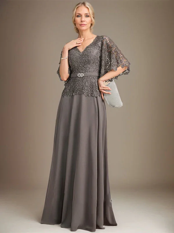 A-line V-Neck Floor-Length Chiffon Lace Mother of the Bride Dress With Crystal Brooch Rhinestone - Image 3