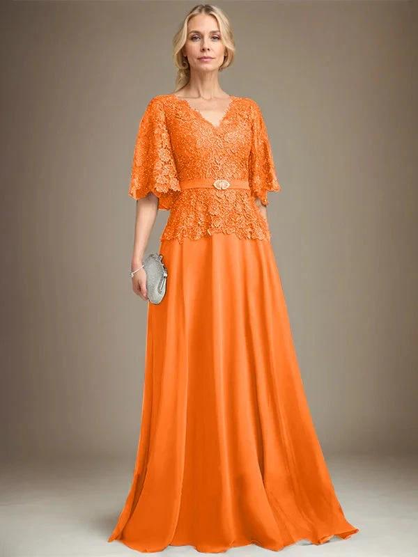 A-line V-Neck Floor-Length Chiffon Lace Mother of the Bride Dress With Crystal Brooch Rhinestone - Image 30