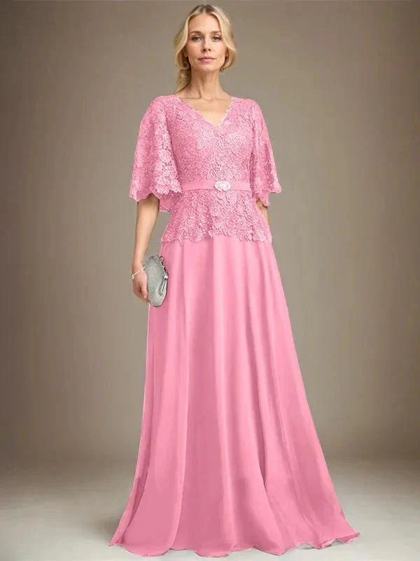 A-line V-Neck Floor-Length Chiffon Lace Mother of the Bride Dress With Crystal Brooch Rhinestone - Image 32
