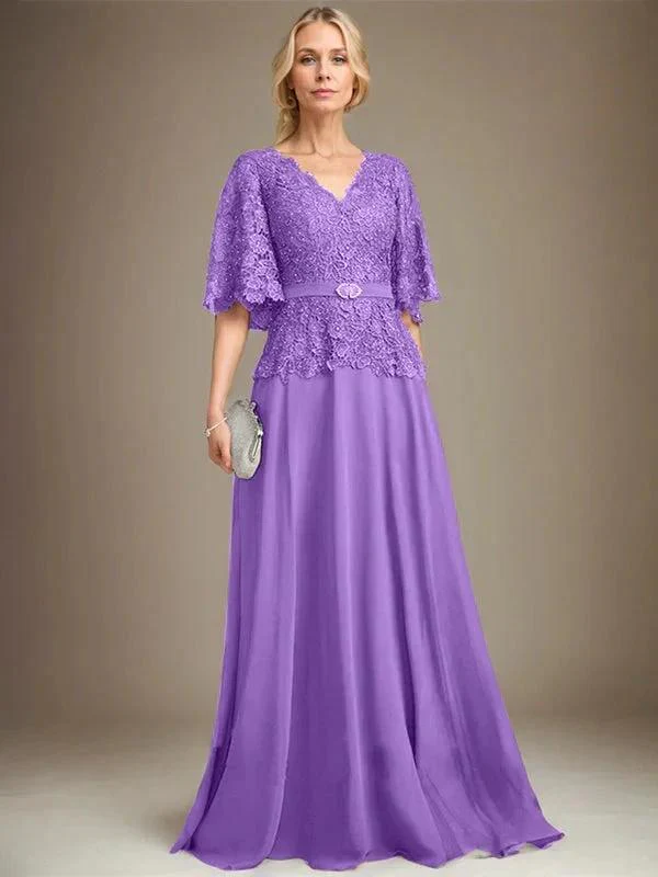 A-line V-Neck Floor-Length Chiffon Lace Mother of the Bride Dress With Crystal Brooch Rhinestone - Image 33
