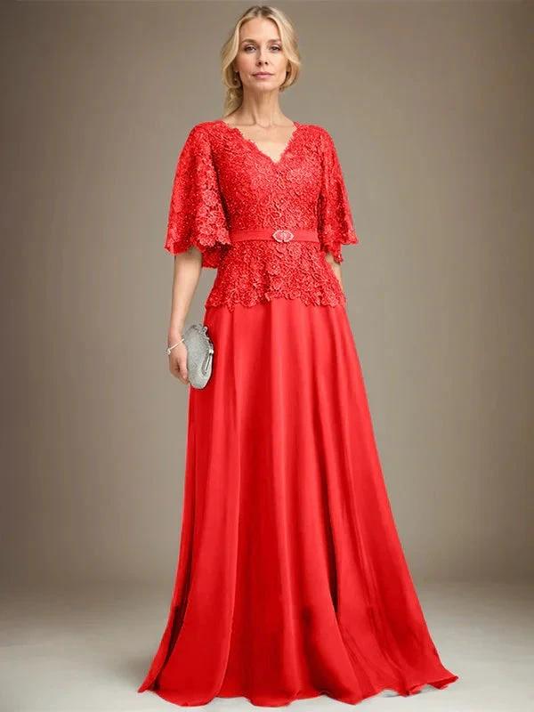 A-line V-Neck Floor-Length Chiffon Lace Mother of the Bride Dress With Crystal Brooch Rhinestone - Image 34