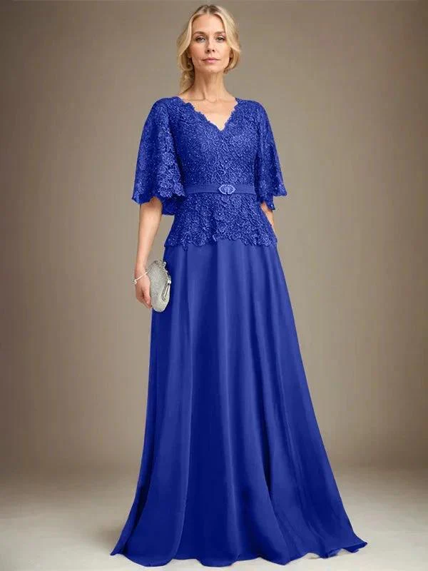 A-line V-Neck Floor-Length Chiffon Lace Mother of the Bride Dress With Crystal Brooch Rhinestone - Image 35