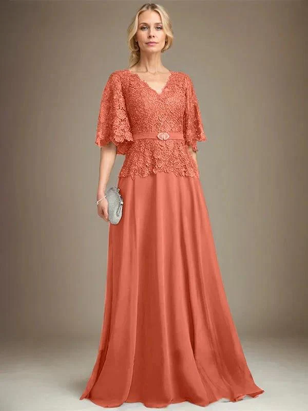 A-line V-Neck Floor-Length Chiffon Lace Mother of the Bride Dress With Crystal Brooch Rhinestone - Image 36