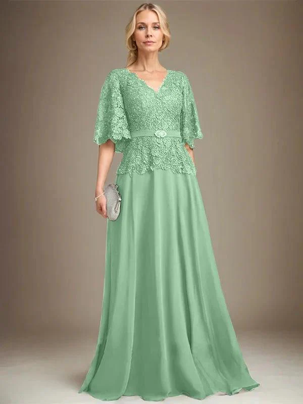 A-line V-Neck Floor-Length Chiffon Lace Mother of the Bride Dress With Crystal Brooch Rhinestone - Image 37