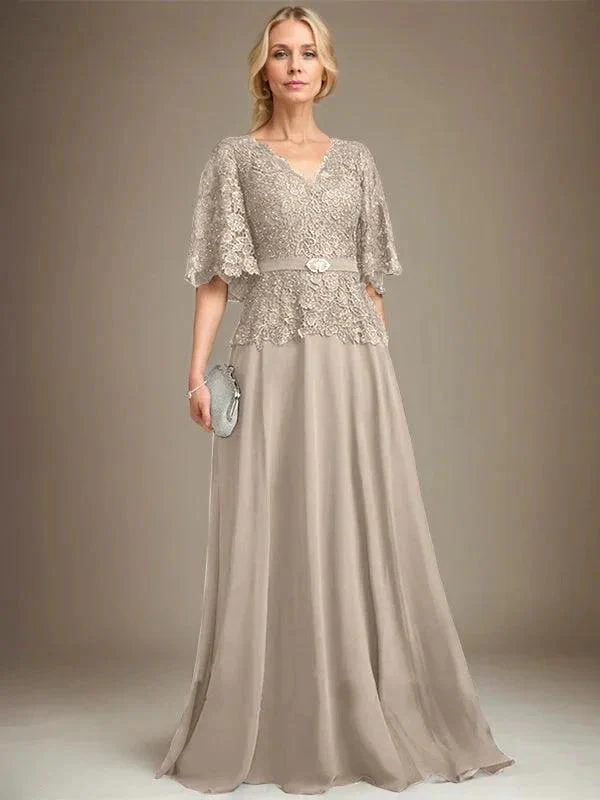 A-line V-Neck Floor-Length Chiffon Lace Mother of the Bride Dress With Crystal Brooch Rhinestone - Image 38
