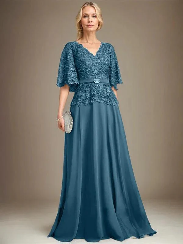 A-line V-Neck Floor-Length Chiffon Lace Mother of the Bride Dress With Crystal Brooch Rhinestone - Image 39