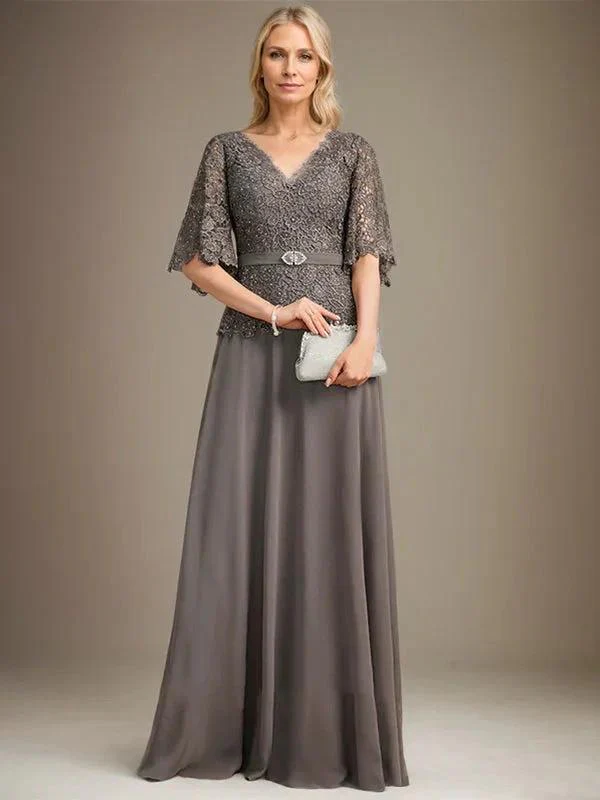 A-line V-Neck Floor-Length Chiffon Lace Mother of the Bride Dress With Crystal Brooch Rhinestone - Image 4