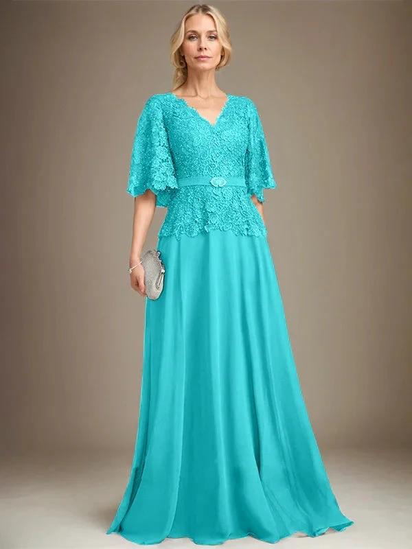A-line V-Neck Floor-Length Chiffon Lace Mother of the Bride Dress With Crystal Brooch Rhinestone - Image 40
