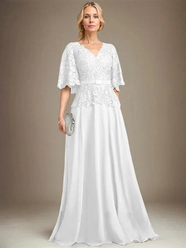 A-line V-Neck Floor-Length Chiffon Lace Mother of the Bride Dress With Crystal Brooch Rhinestone - Image 41