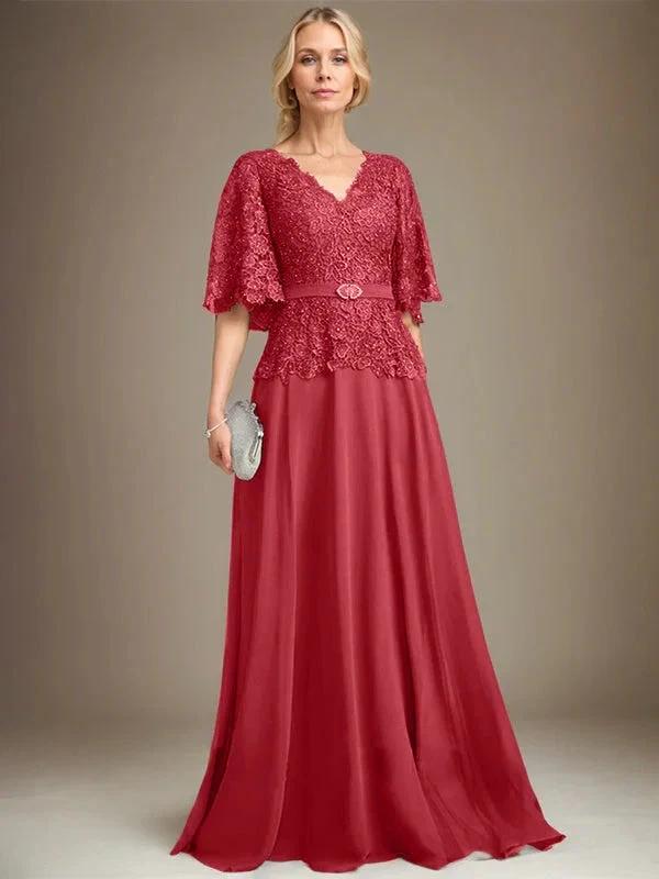 A-line V-Neck Floor-Length Chiffon Lace Mother of the Bride Dress With Crystal Brooch Rhinestone - Image 42