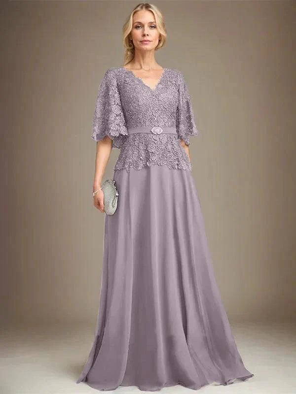 A-line V-Neck Floor-Length Chiffon Lace Mother of the Bride Dress With Crystal Brooch Rhinestone - Image 43