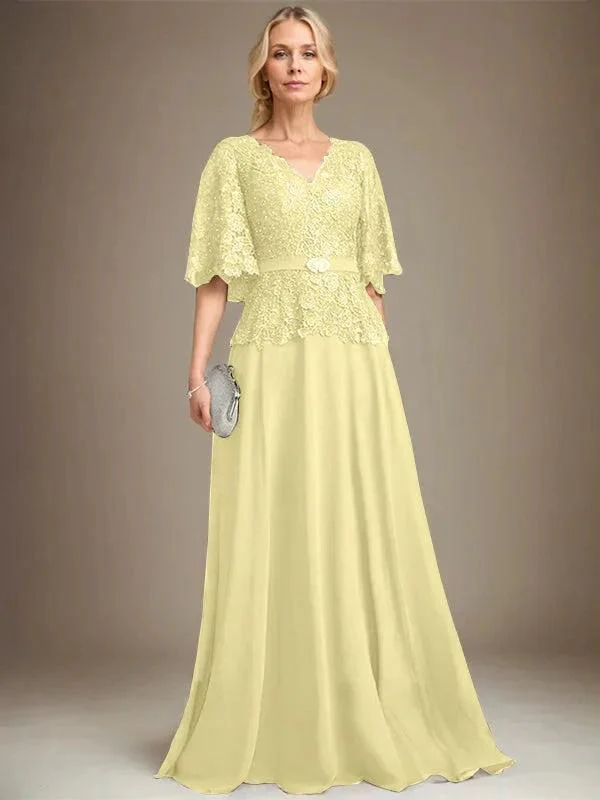 A-line V-Neck Floor-Length Chiffon Lace Mother of the Bride Dress With Crystal Brooch Rhinestone - Image 44