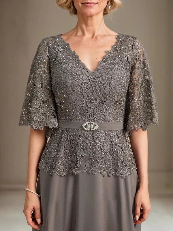 A-line V-Neck Floor-Length Chiffon Lace Mother of the Bride Dress With Crystal Brooch Rhinestone - Image 6