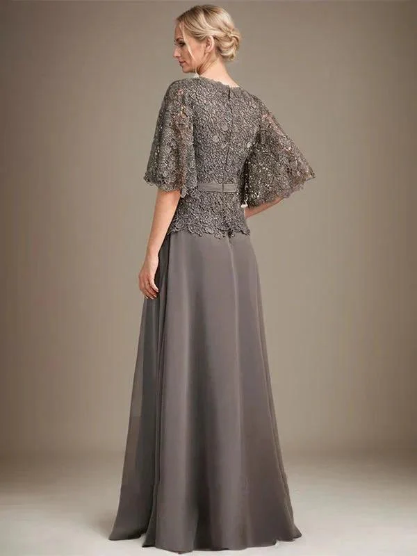 A-line V-Neck Floor-Length Chiffon Lace Mother of the Bride Dress With Crystal Brooch Rhinestone - Image 7