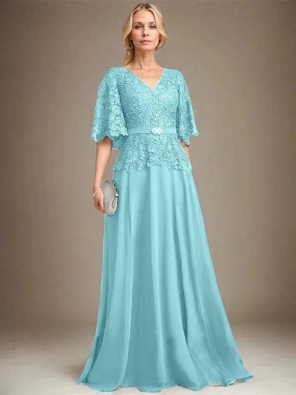 A-line V-Neck Floor-Length Chiffon Lace Mother of the Bride Dress With Crystal Brooch Rhinestone - Image 8