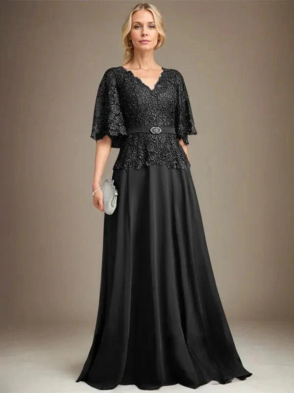 A-line V-Neck Floor-Length Chiffon Lace Mother of the Bride Dress With Crystal Brooch Rhinestone - Image 9