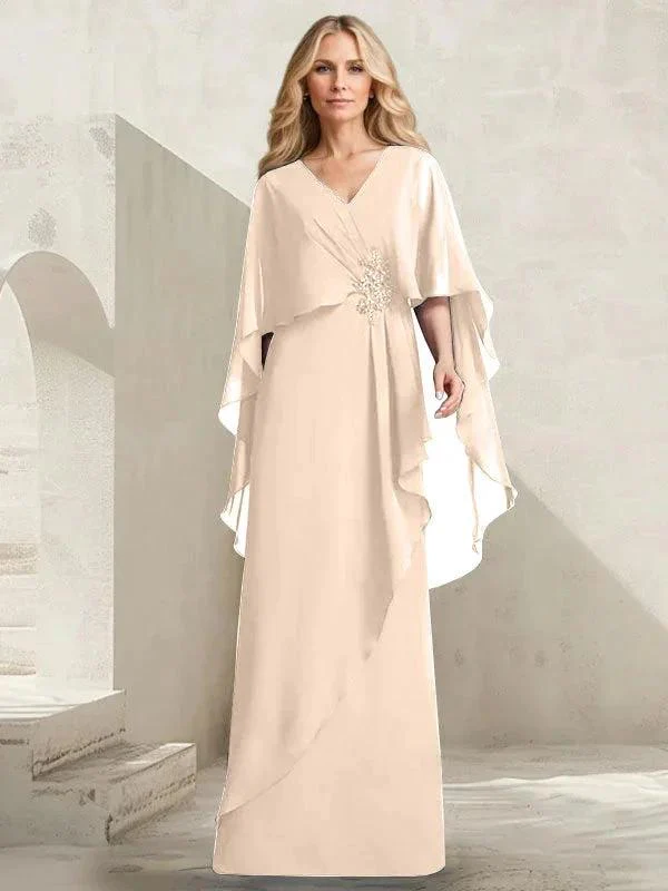 A-line V-Neck Floor-Length Chiffon Mother of the Bride Dress With Cascading Ruffles Beading - Image 10